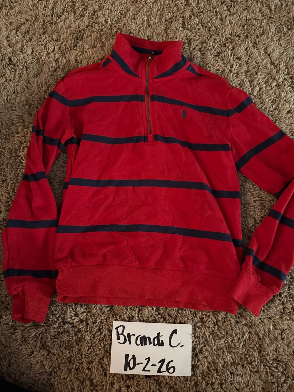 Ralph Lauren Men’s Red Quarter-Zip Stripe Sweater